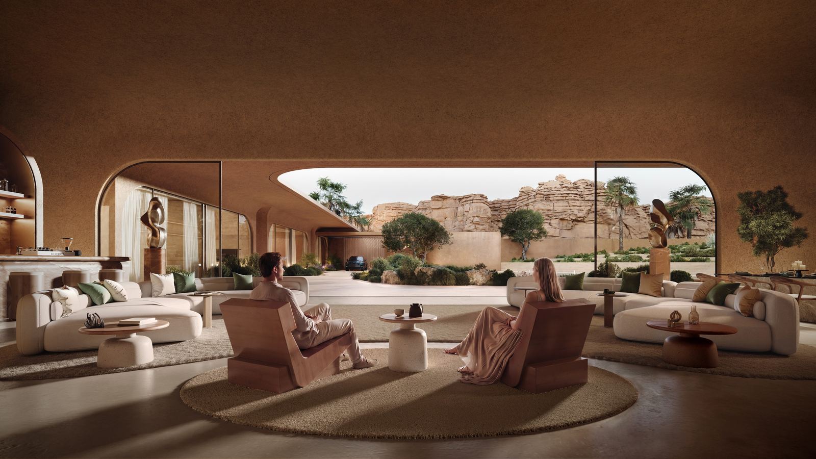 Resort Q earthen volumes among desert planting and palms