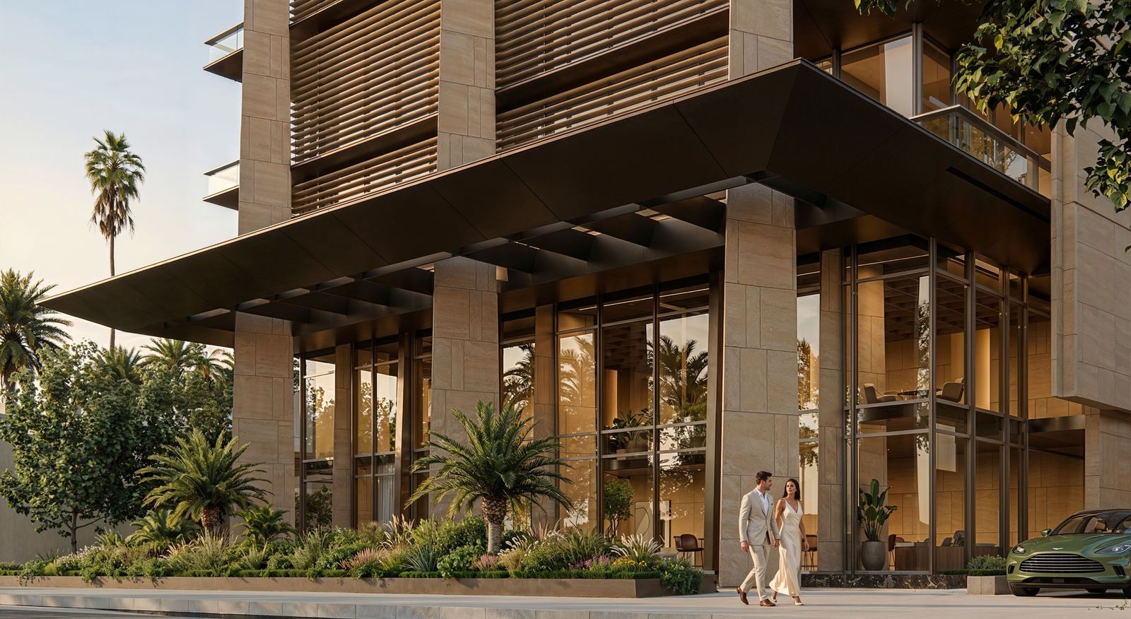 Entrance canopy of O Tower at street level with warm lighting and stone piers
