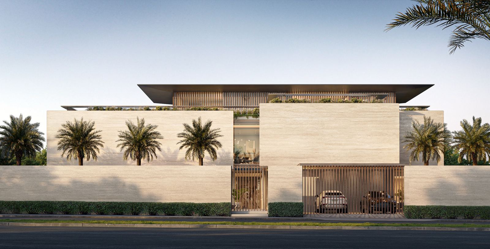 Sculptural street facade of Villa H behind desert planting