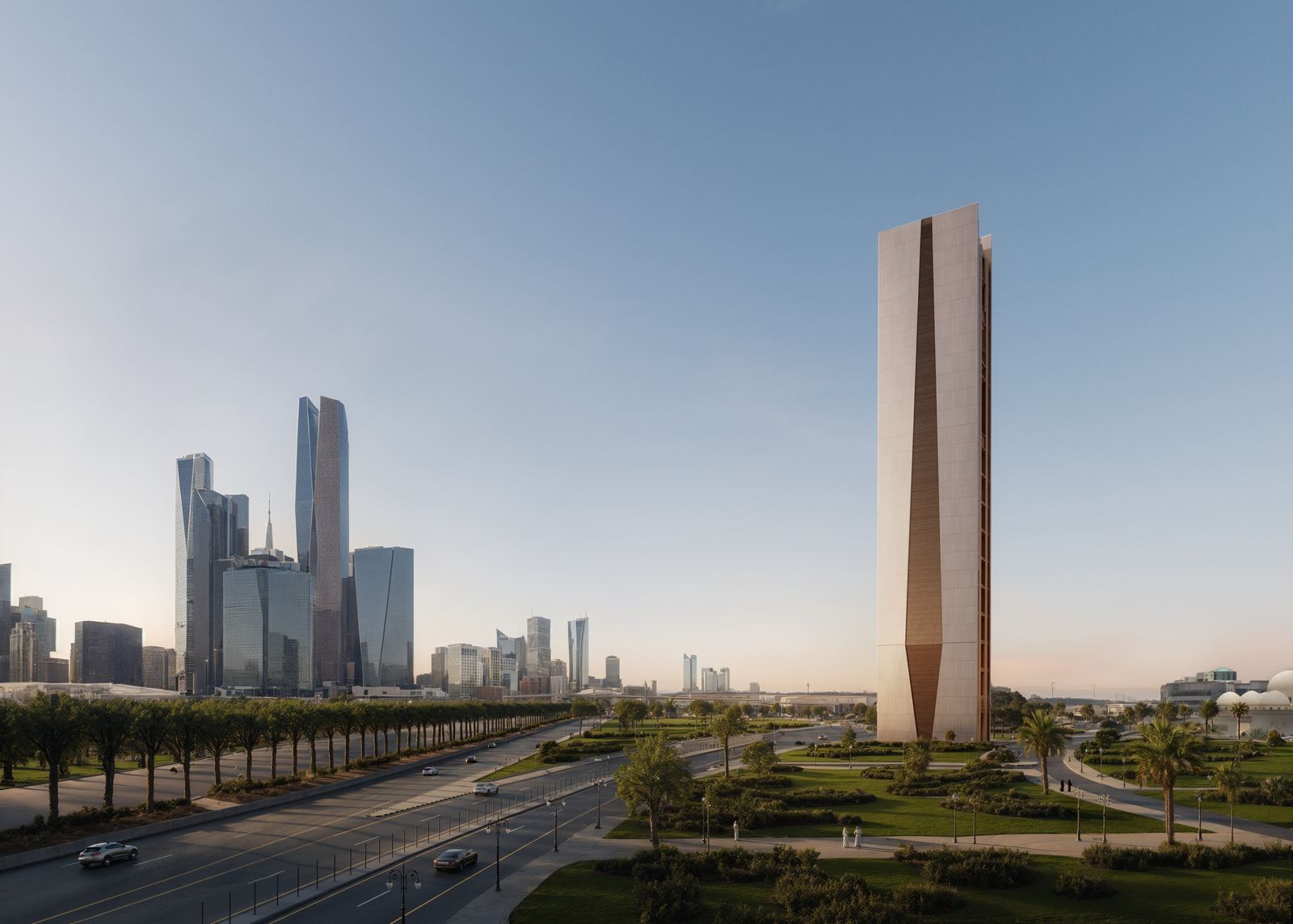 The View tower at dusk seen across King Fahd Road, sculptural fin walls catching the last light