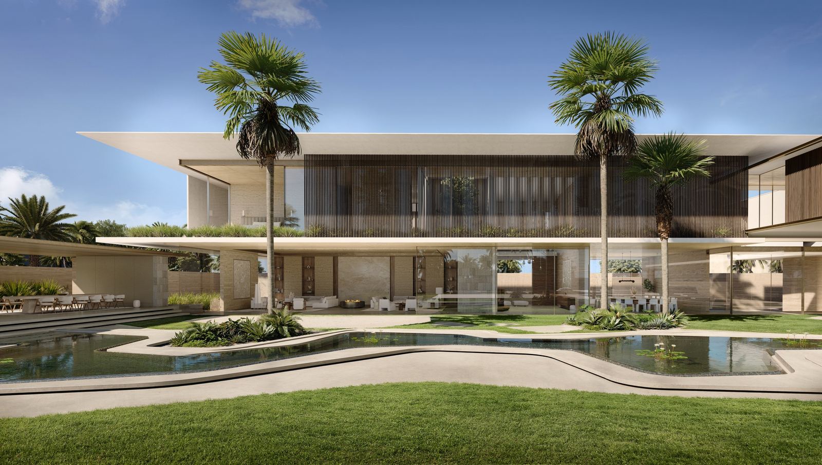Palms rising through the cantilevered roof planes of Villa A