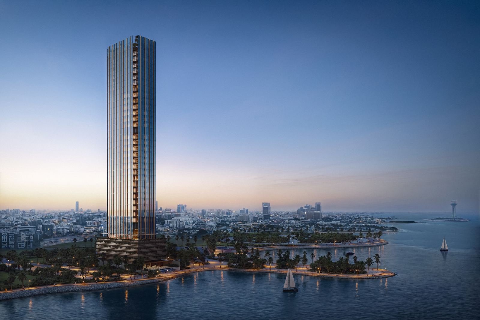 Aerial dusk view of Tower 55 on the Alkhobar coastline