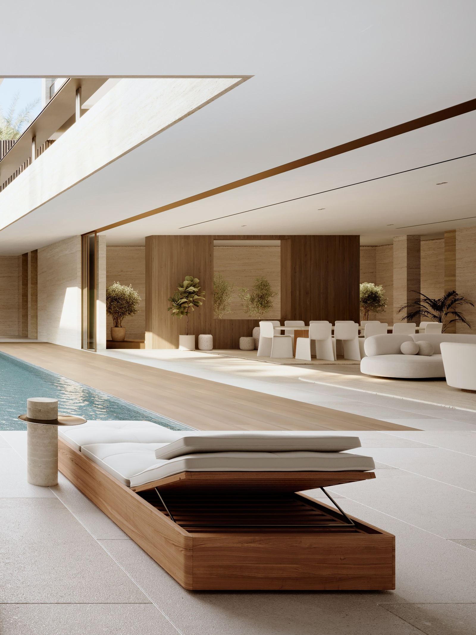 Courtyard pool axis of Villa H with stepped daybeds beneath the palms