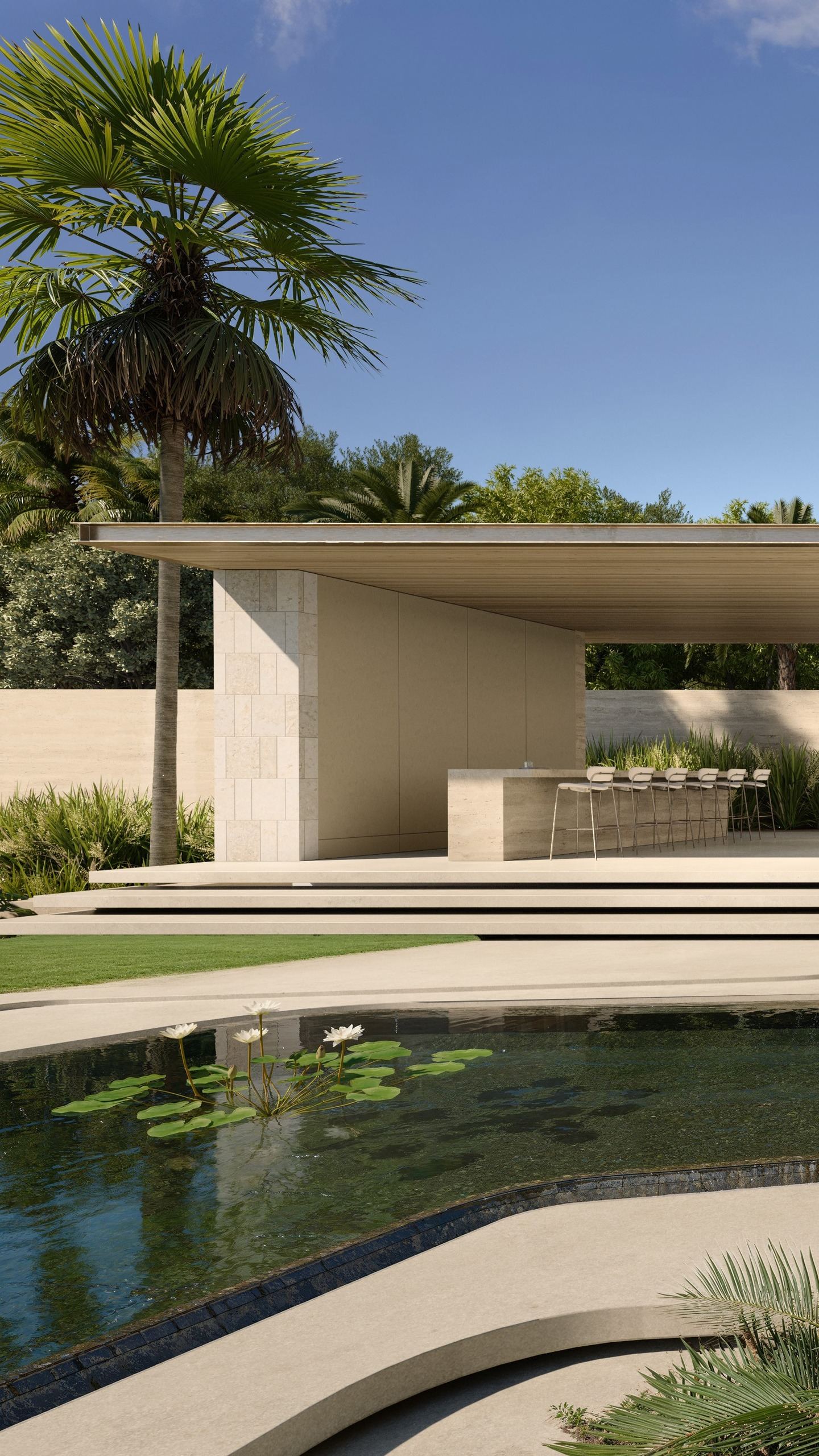 Villa A seen across its curved lagoon pool, floating white roof planes over glass and timber