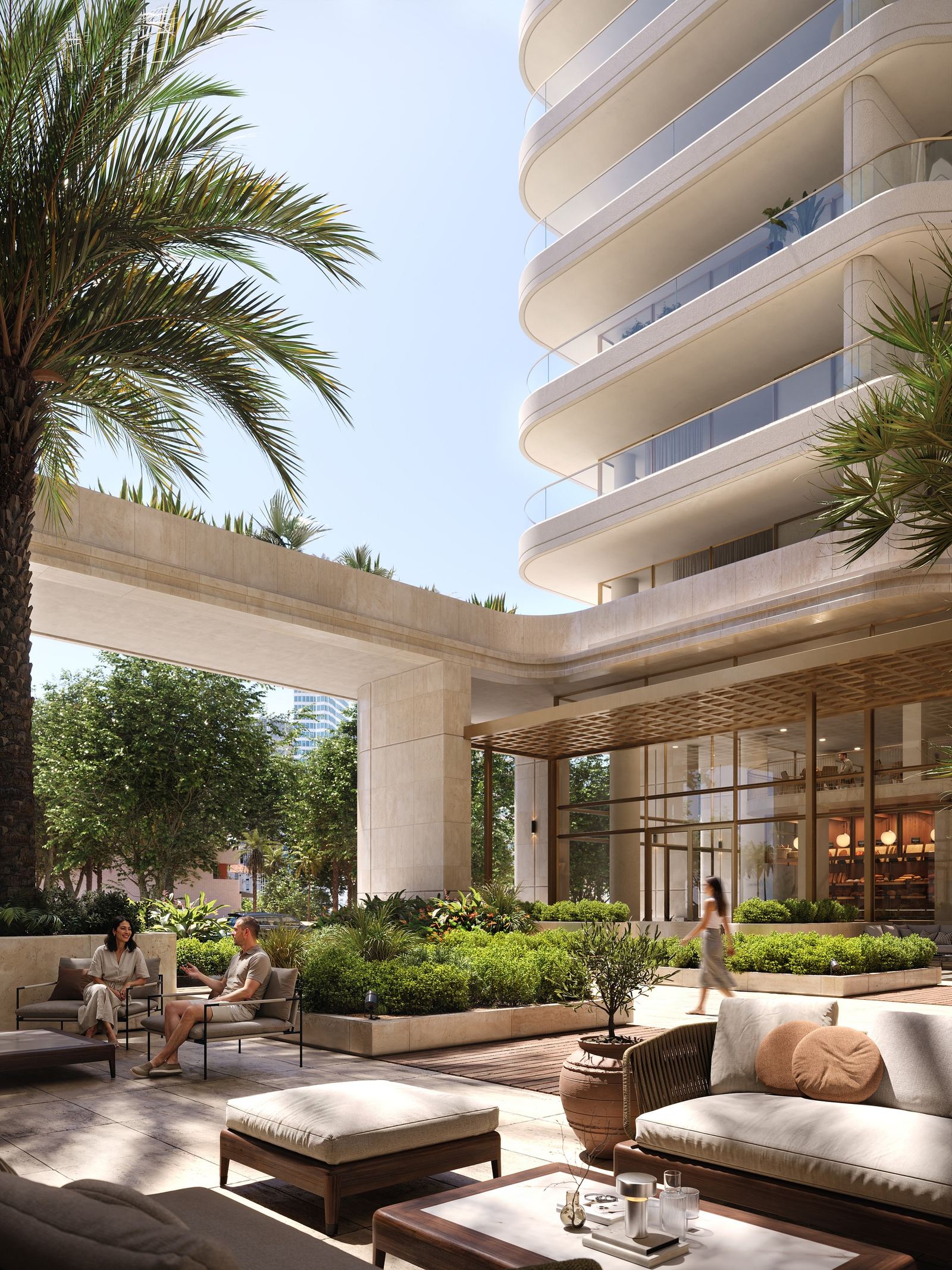 Patio terrace of Prince Saud beneath the curved balconies, framed by palms