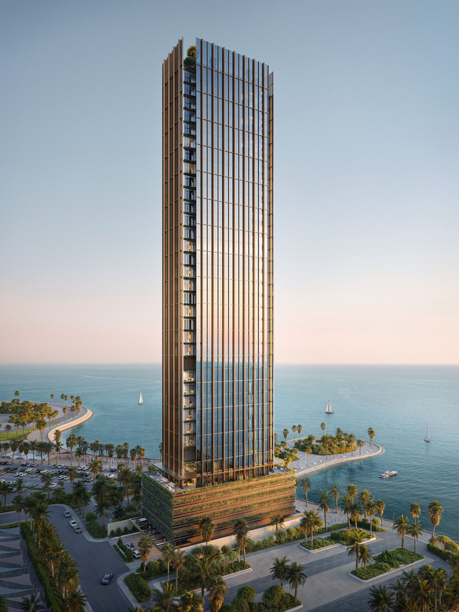 Tower 55 rising above the Alkhobar Corniche at dusk, glass facade glowing over the Gulf