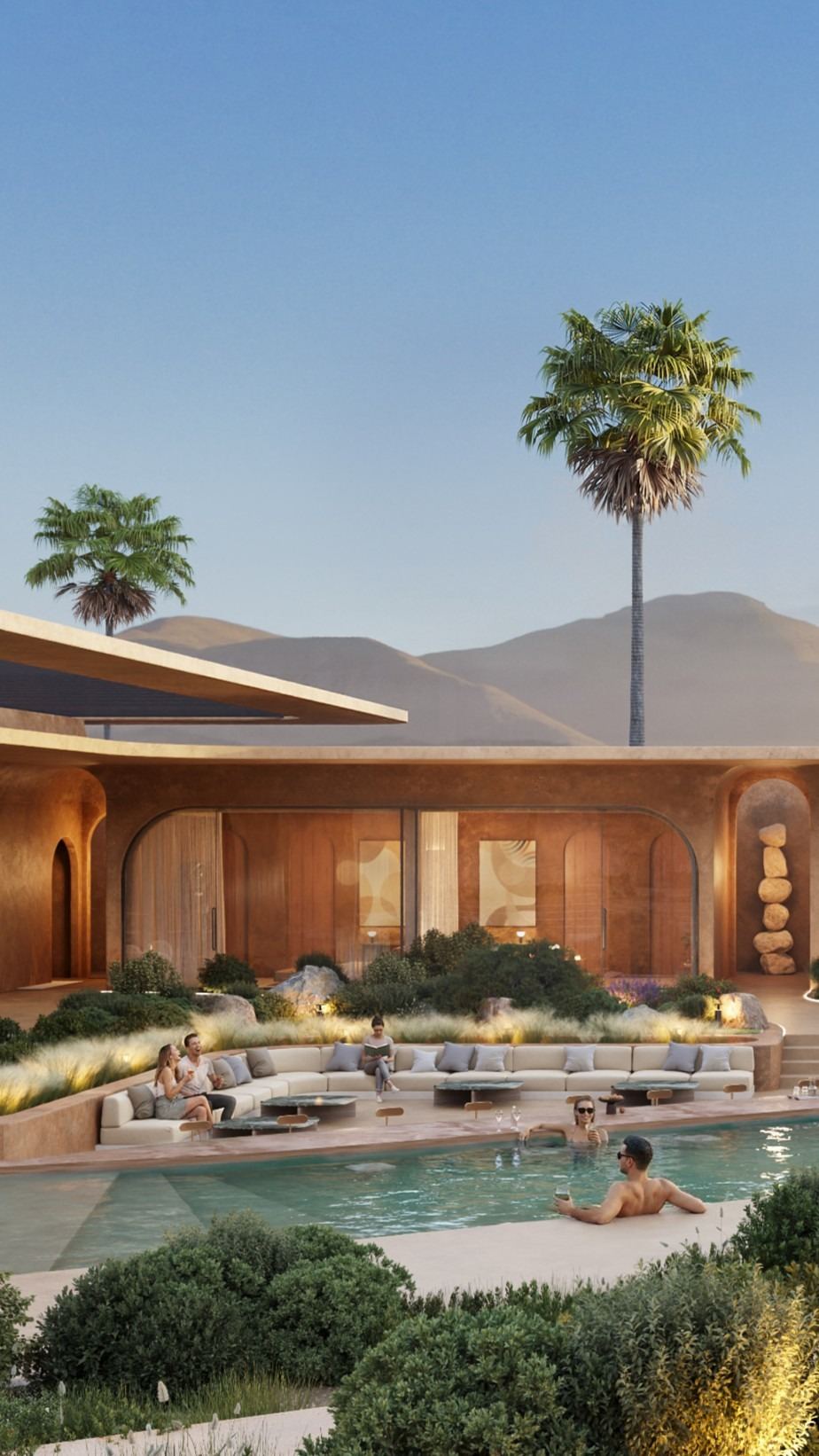 Cascading pools of Resort Q stepping toward the desert landscape